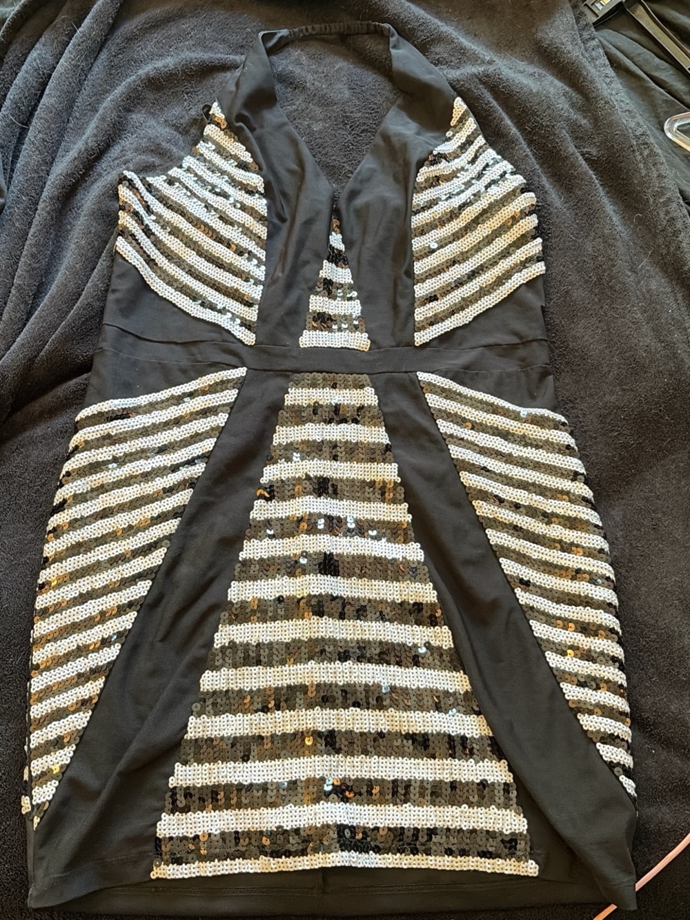 Black Halter Mini Dress with Silver Sequins